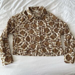 Nicole Miller NY Linen Blend 70s Shirt Floral Long Sleeve Collared Top Size S